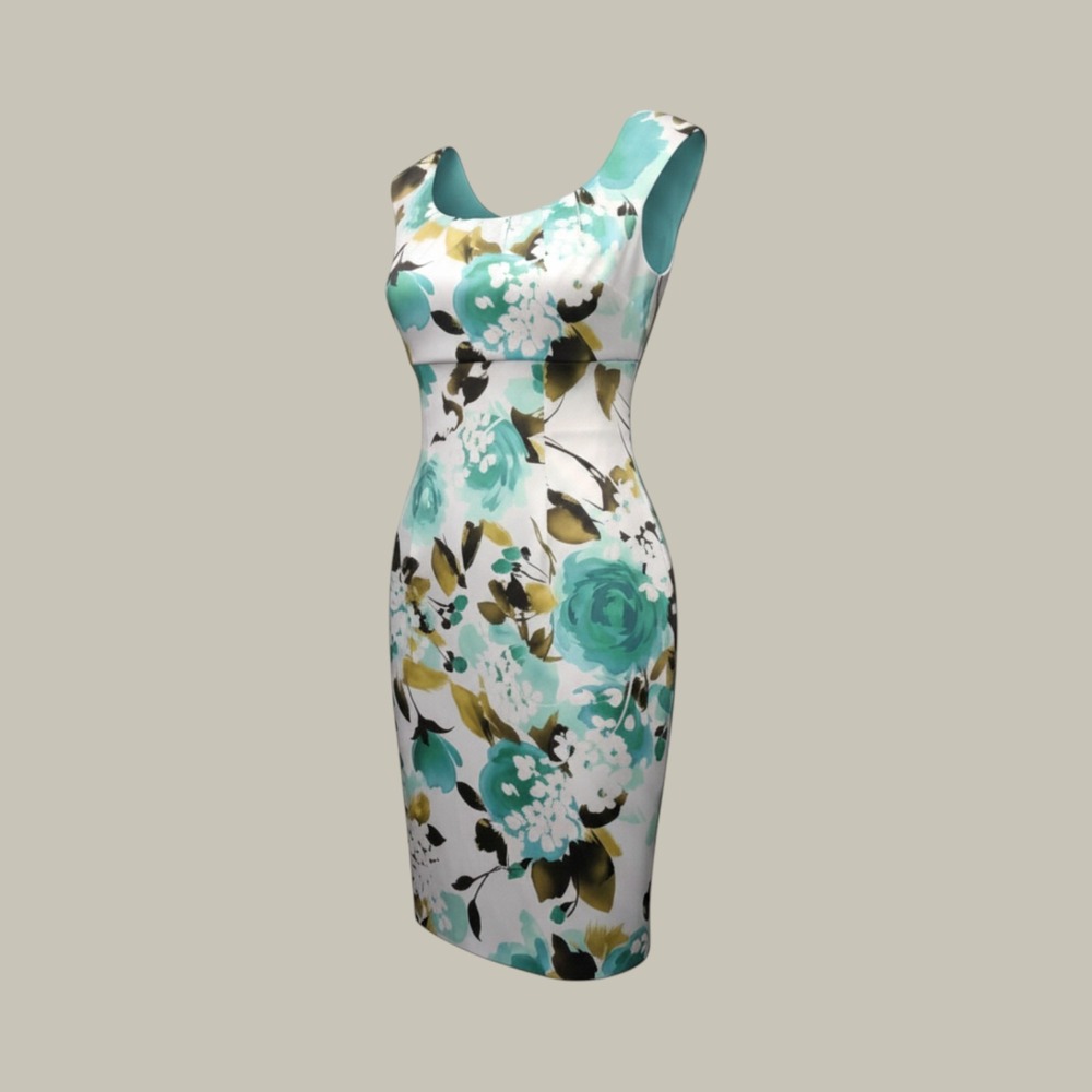 Connected Apparel Teal Floral Sheath Dress Sleeveless Scoop Neck Size 6